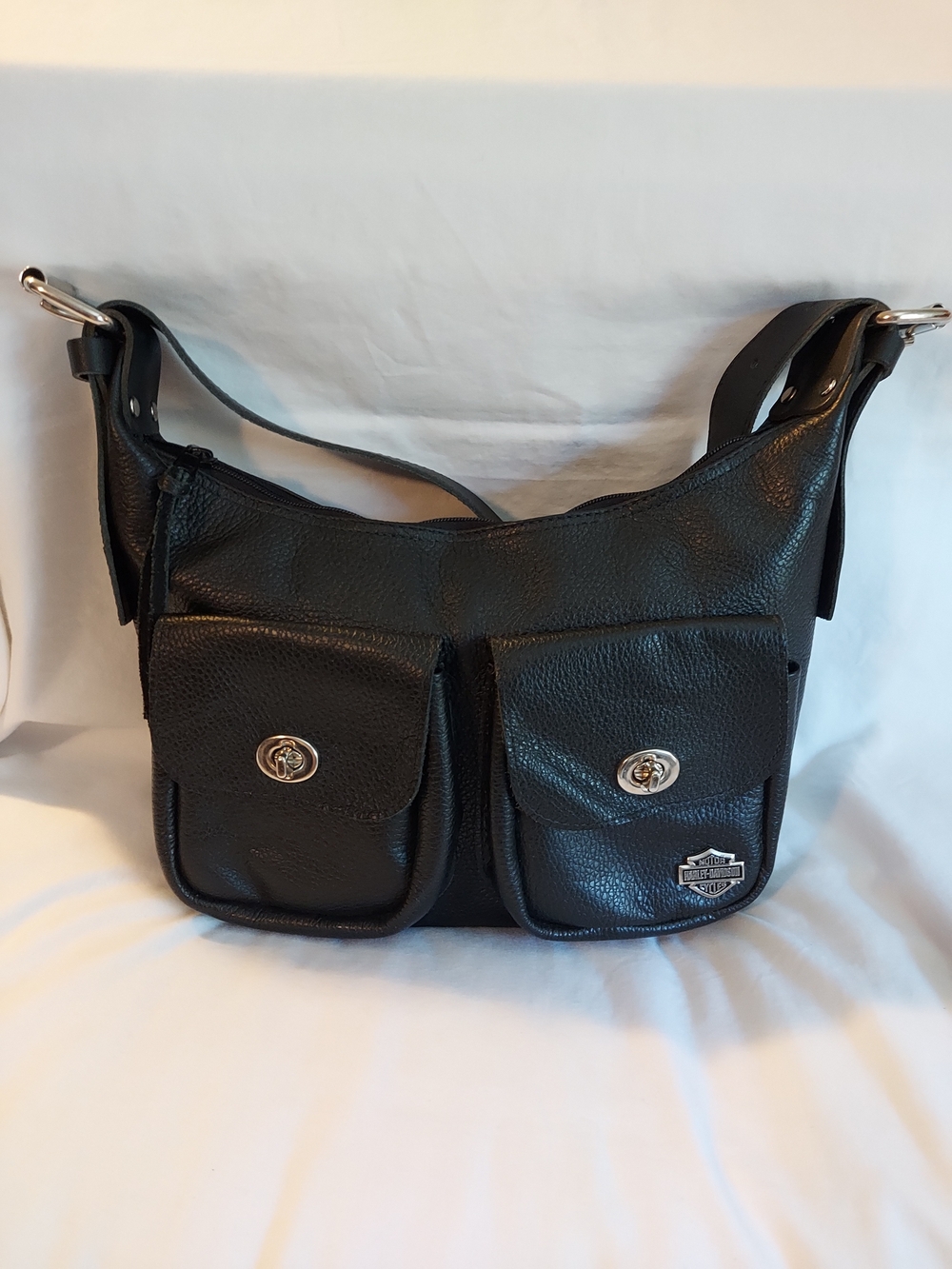 VTG Harley Davidson Black Pebbled Leather Multi Pocket Shoulder Bag Purse